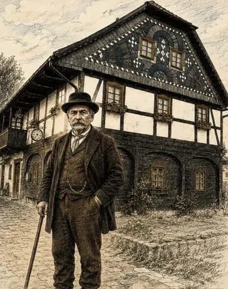 Rytina rychtáře Jakoba Robische před jeho domem s podstávkou a zdobeným štítem